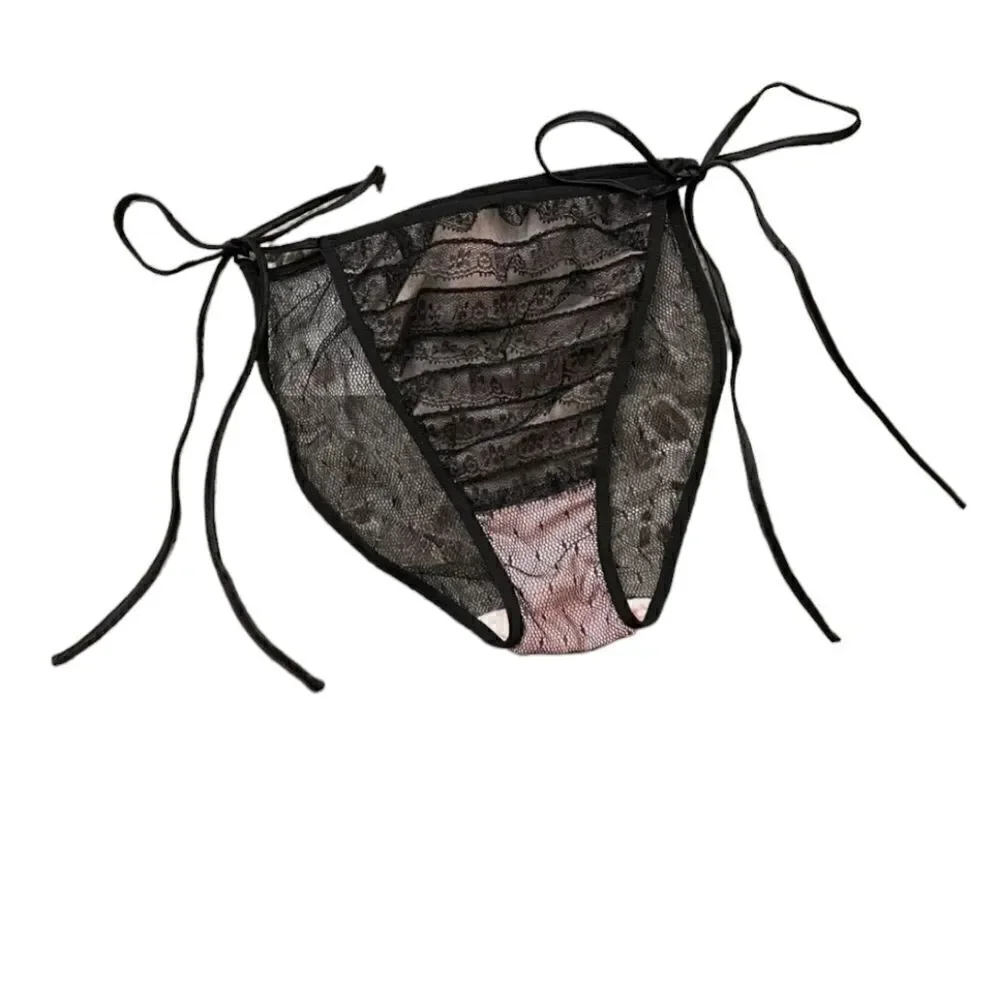 NWT VICTORIA'S SECRET S PINK BLACK LACE RUFFLE VINTAGE RARE TIE BIKINI PANTIES S